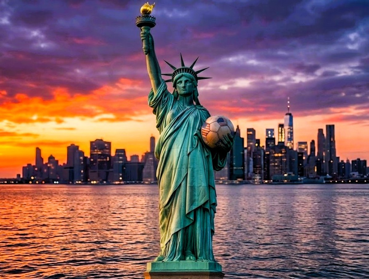 Statue of Liberty with soccer ball — FIFA World Cup 2026 USA